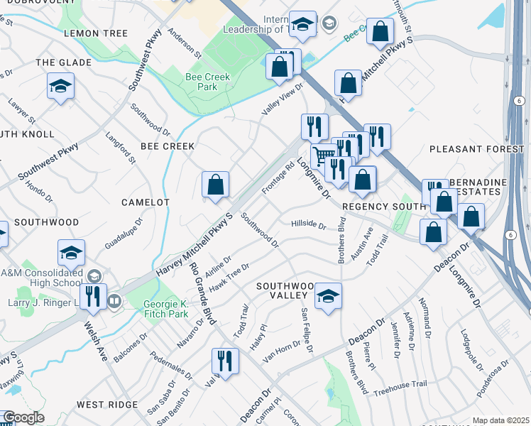 map of restaurants, bars, coffee shops, grocery stores, and more near 1407 Summit Street in College Station