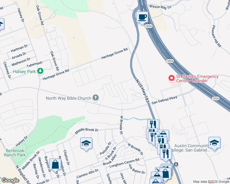 map of restaurants, bars, coffee shops, grocery stores, and more near 1709 West Broade Street in Leander