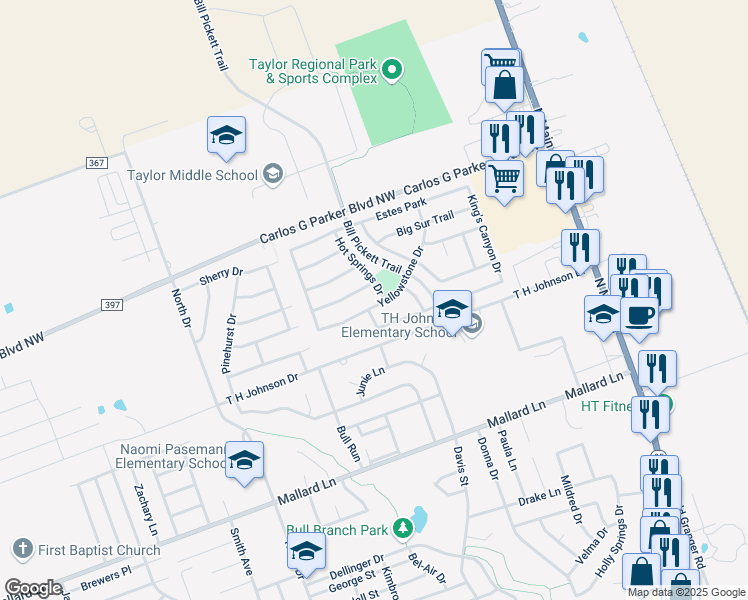 map of restaurants, bars, coffee shops, grocery stores, and more near 803 Yellowstone Drive in Taylor