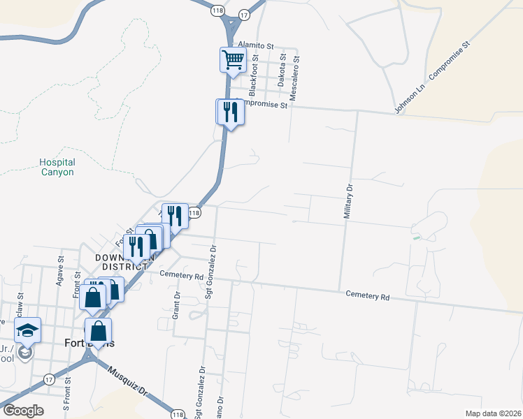 map of restaurants, bars, coffee shops, grocery stores, and more near 461 East Cavalry Road in Fort Davis