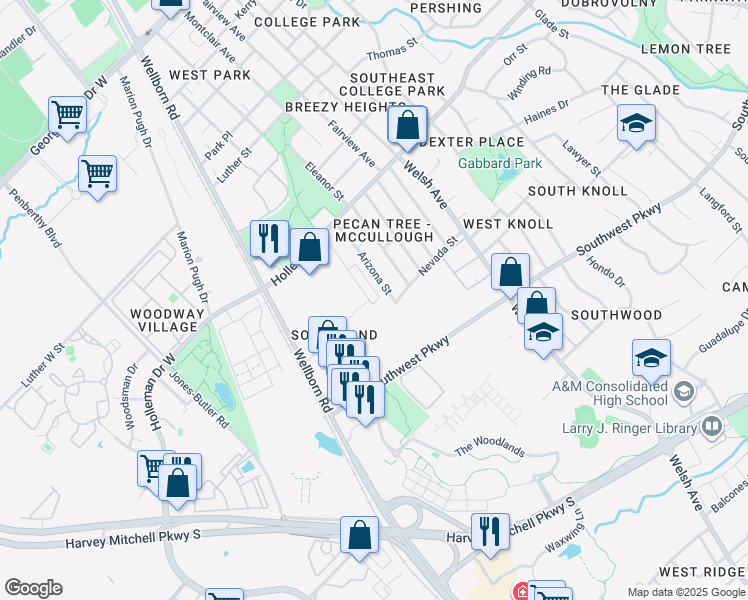 map of restaurants, bars, coffee shops, grocery stores, and more near 1214 Arizona Street in College Station
