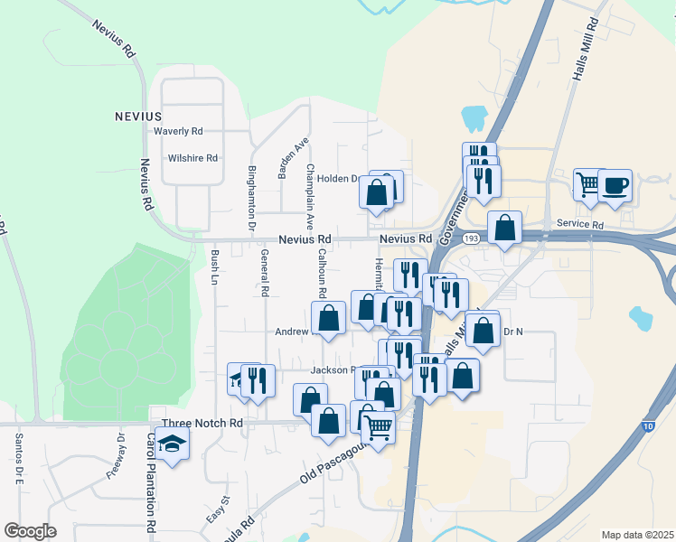 map of restaurants, bars, coffee shops, grocery stores, and more near 4589 Calhoun Rd in Mobile
