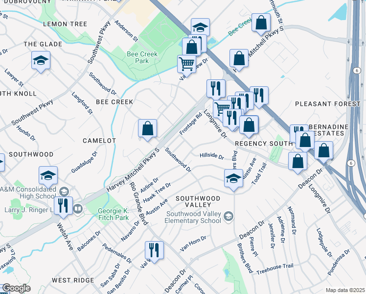 map of restaurants, bars, coffee shops, grocery stores, and more near 1407 Summit Street in College Station