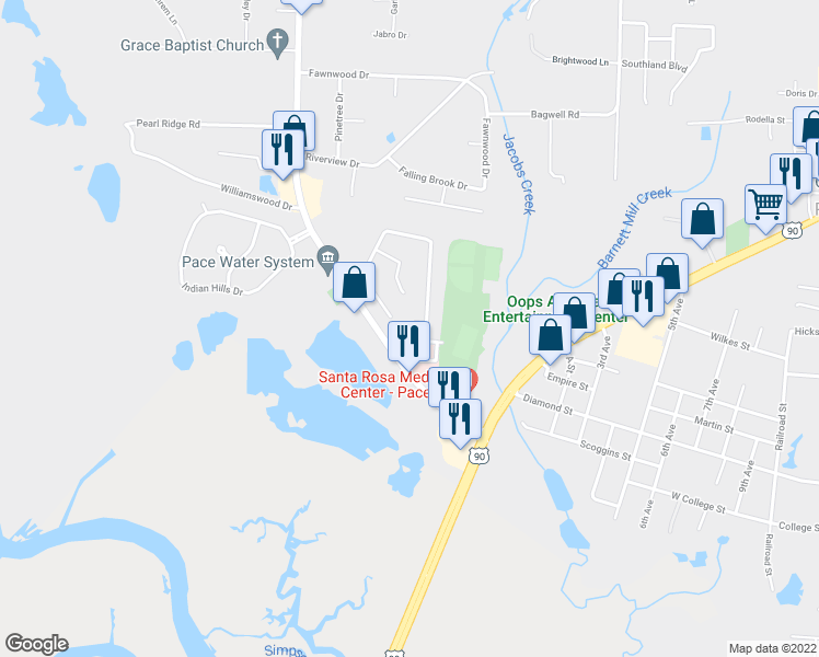map of restaurants, bars, coffee shops, grocery stores, and more near 3505 Bayou Ridge Court in Pace