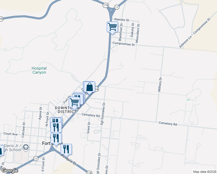 map of restaurants, bars, coffee shops, grocery stores, and more near Cavalry Rd in Fort Davis