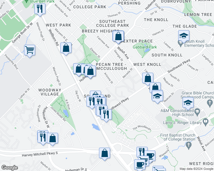map of restaurants, bars, coffee shops, grocery stores, and more near 1214 Oney Hervey Drive in College Station