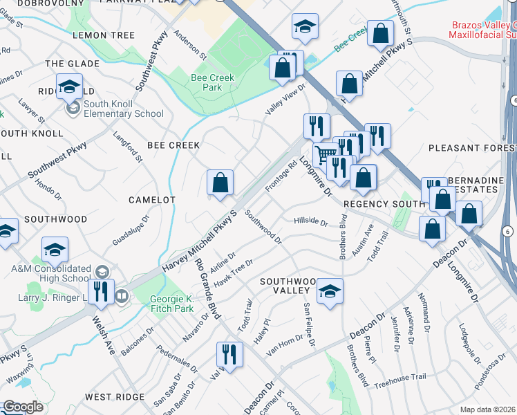 map of restaurants, bars, coffee shops, grocery stores, and more near 1405 Summit Street in College Station