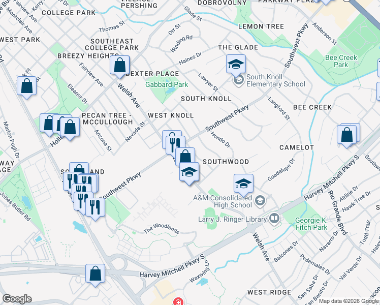 map of restaurants, bars, coffee shops, grocery stores, and more near 1807 Leona Drive in College Station