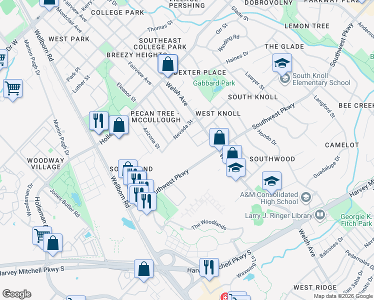 map of restaurants, bars, coffee shops, grocery stores, and more near 517 Southwest Parkway in College Station