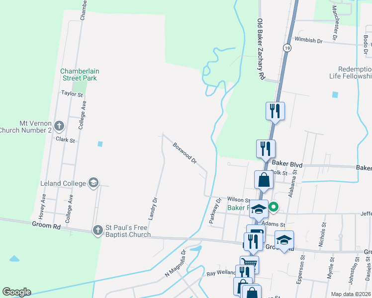 map of restaurants, bars, coffee shops, grocery stores, and more near 2502 Boxwood Drive in Baker