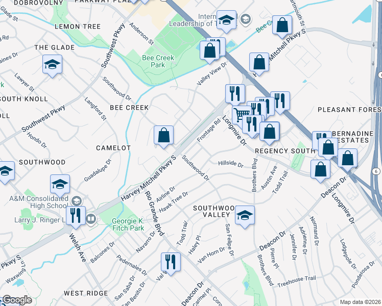 map of restaurants, bars, coffee shops, grocery stores, and more near 1407 Summit Street in College Station