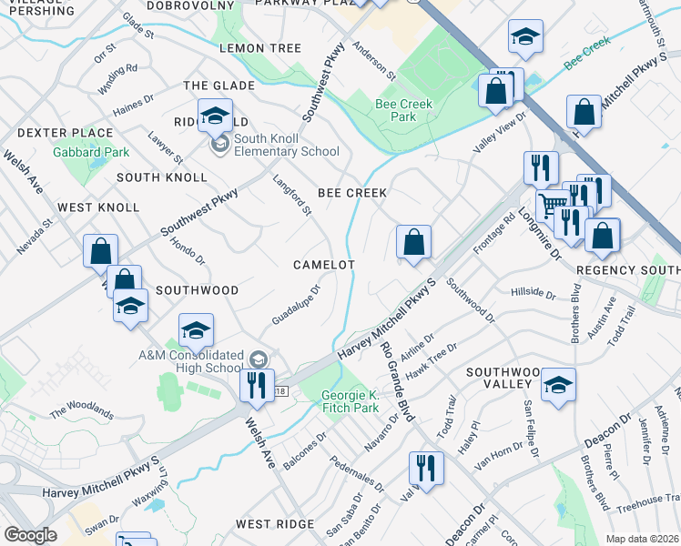 map of restaurants, bars, coffee shops, grocery stores, and more near 2005 Langford Street in College Station