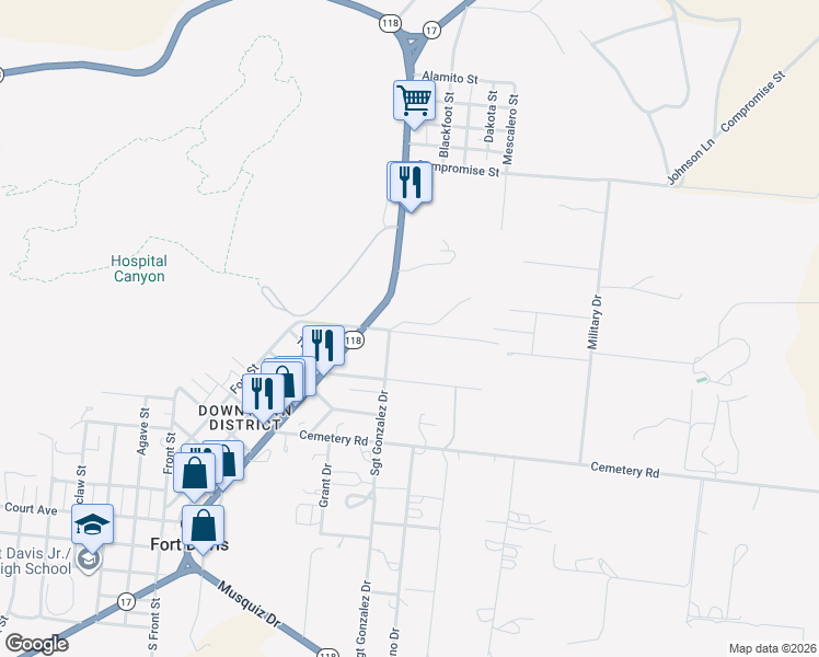 map of restaurants, bars, coffee shops, grocery stores, and more near 461 East Cavalry Road in Fort Davis