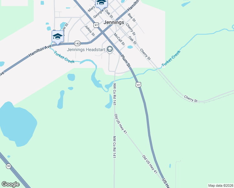 map of restaurants, bars, coffee shops, grocery stores, and more near 1654 Northwest Co Road 141 in Jennings