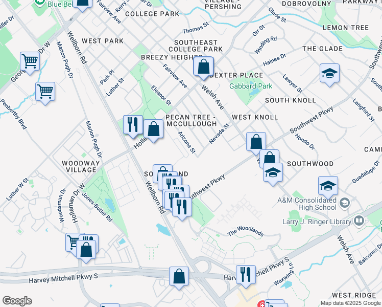 map of restaurants, bars, coffee shops, grocery stores, and more near 1214 Arizona Street in College Station