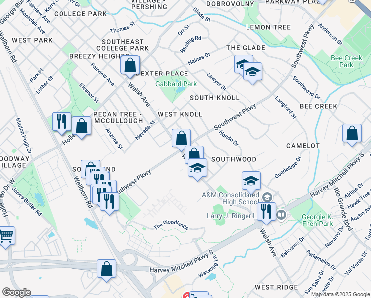 map of restaurants, bars, coffee shops, grocery stores, and more near 1809 Yellowhouse Circle in College Station