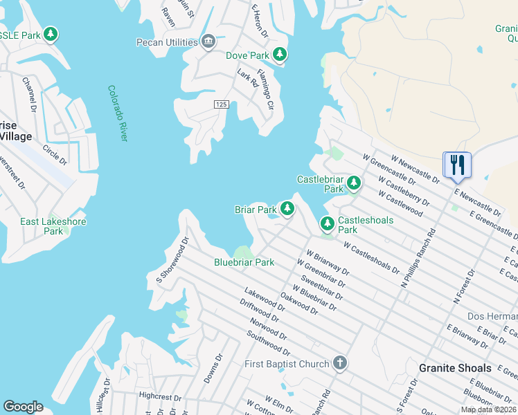 map of restaurants, bars, coffee shops, grocery stores, and more near 414 West Greenbriar Drive in Marble Falls
