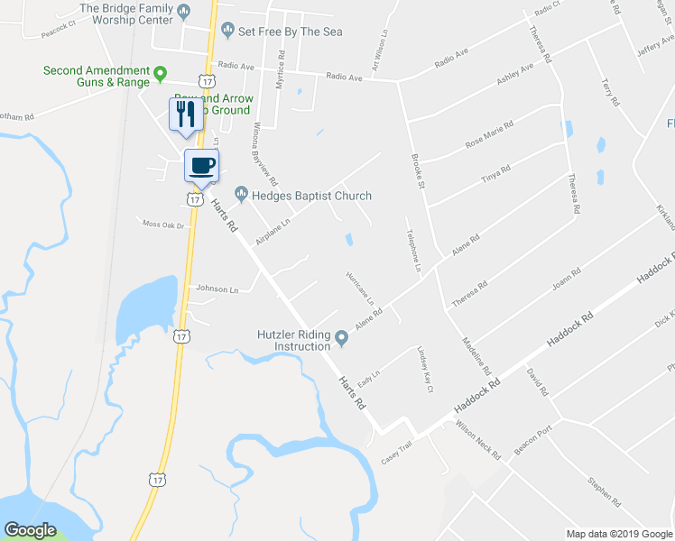 map of restaurants, bars, coffee shops, grocery stores, and more near 85151 Hurricane Lane in Yulee