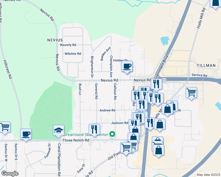 map of restaurants, bars, coffee shops, grocery stores, and more near 4588 Calhoun Road in Mobile