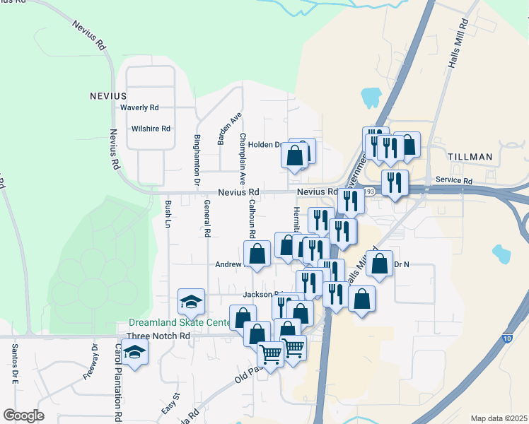 map of restaurants, bars, coffee shops, grocery stores, and more near 4589 Calhoun Road in Mobile