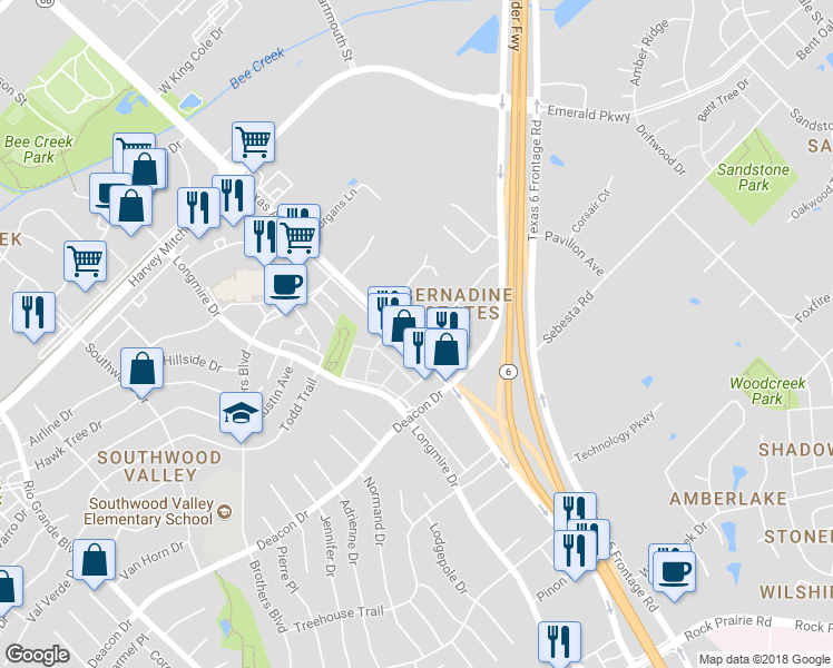 map of restaurants, bars, coffee shops, grocery stores, and more near 101 Mile Drive in College Station