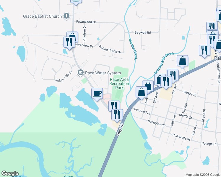 map of restaurants, bars, coffee shops, grocery stores, and more near 4312 Bayou Ridge Drive in Pace