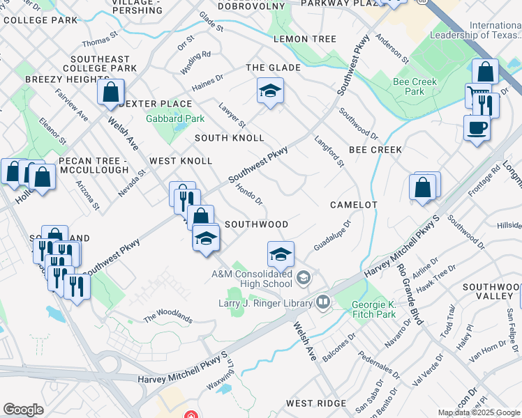map of restaurants, bars, coffee shops, grocery stores, and more near 1816 Hondo Drive in College Station