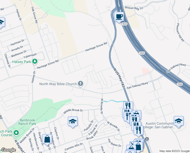 map of restaurants, bars, coffee shops, grocery stores, and more near 1705 West Broade Street in Leander