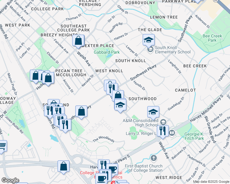 map of restaurants, bars, coffee shops, grocery stores, and more near 1809 Yellowhouse Circle in College Station