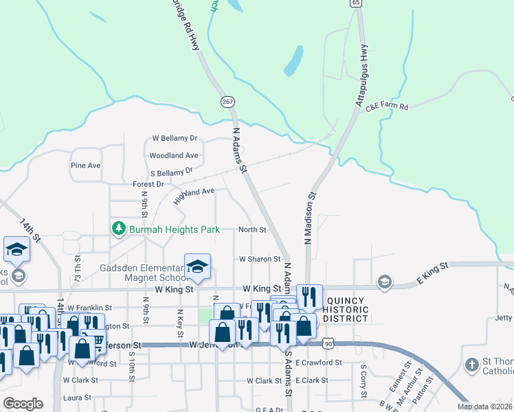map of restaurants, bars, coffee shops, grocery stores, and more near 542 North Adams Street in Quincy