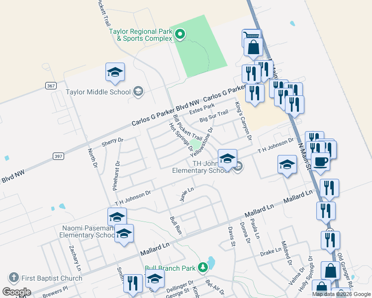 map of restaurants, bars, coffee shops, grocery stores, and more near 909 Grand Teton Trail in Taylor