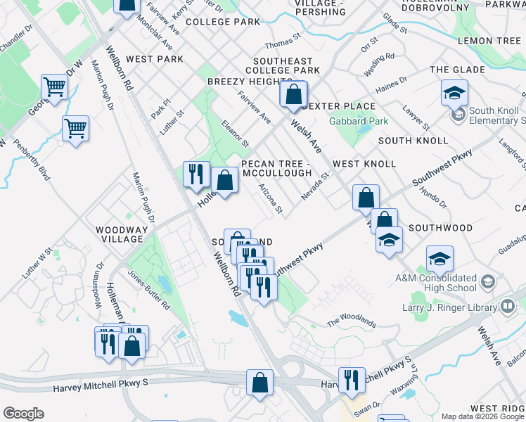 map of restaurants, bars, coffee shops, grocery stores, and more near 1208 Oney Hervey Drive in College Station