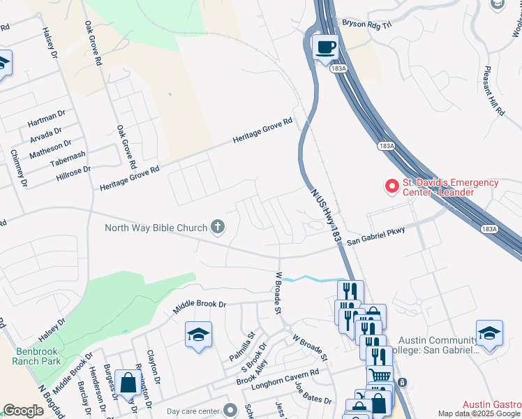 map of restaurants, bars, coffee shops, grocery stores, and more near 1705 West Broade Street in Leander