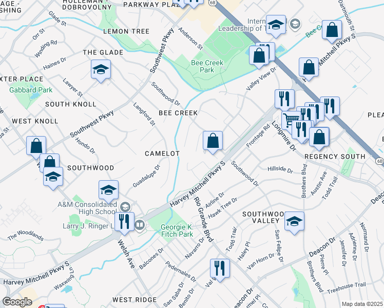 map of restaurants, bars, coffee shops, grocery stores, and more near 1301 Augustine Court in College Station