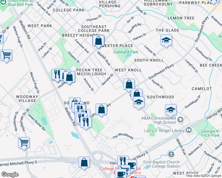 map of restaurants, bars, coffee shops, grocery stores, and more near 519 Southwest Parkway in College Station