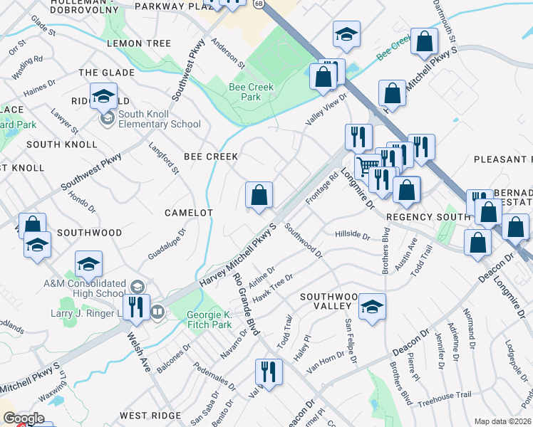 map of restaurants, bars, coffee shops, grocery stores, and more near 2051 Harvey Mitchell Parkway South in College Station