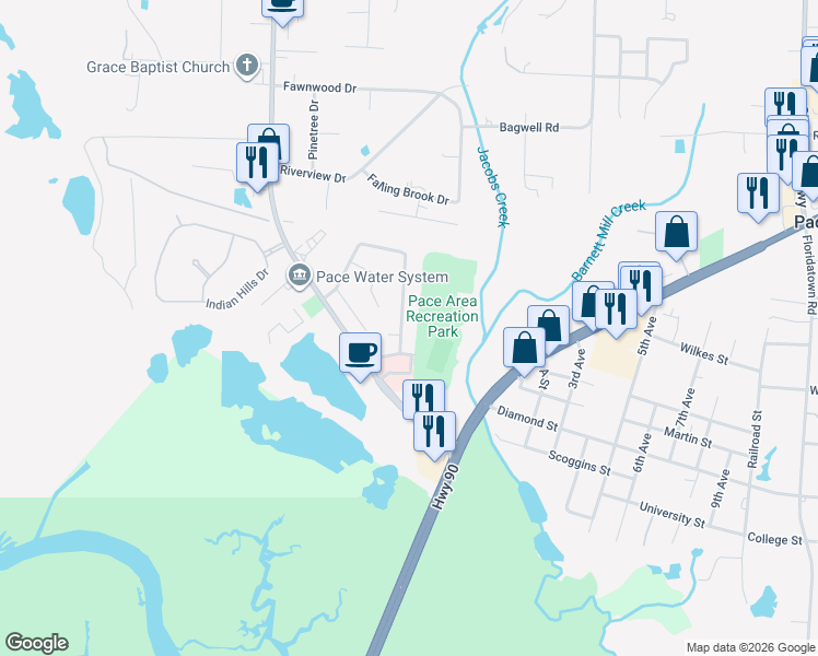 map of restaurants, bars, coffee shops, grocery stores, and more near 4312 Bayou Ridge Drive in Pace
