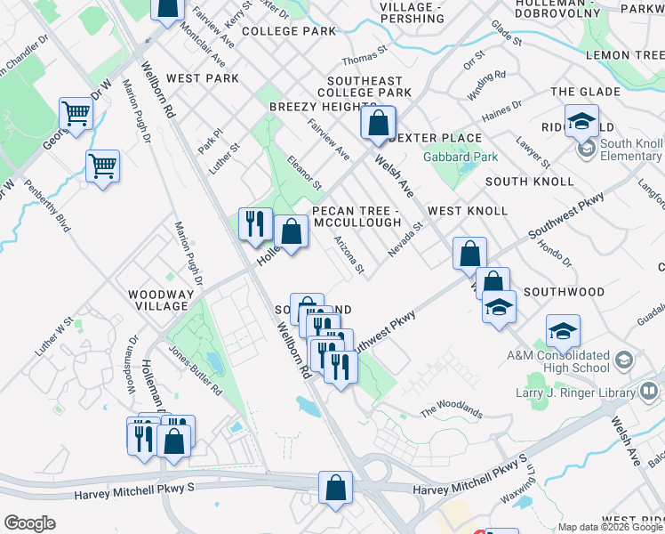 map of restaurants, bars, coffee shops, grocery stores, and more near 1208 Oney Hervey Drive in College Station