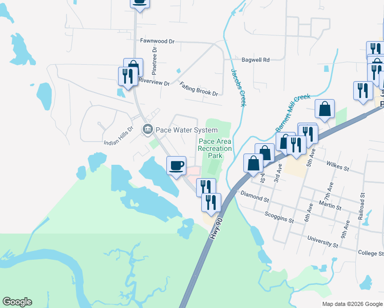 map of restaurants, bars, coffee shops, grocery stores, and more near 4312 Bayou Ridge Drive in Pace