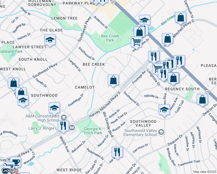 map of restaurants, bars, coffee shops, grocery stores, and more near 2049 Harvey Mitchell Parkway South in College Station