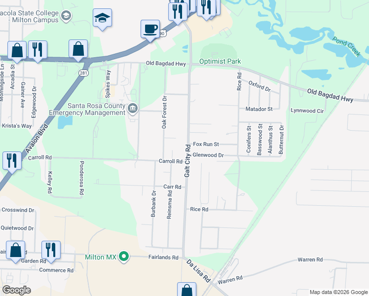map of restaurants, bars, coffee shops, grocery stores, and more near 4429 Galt City Road in Milton