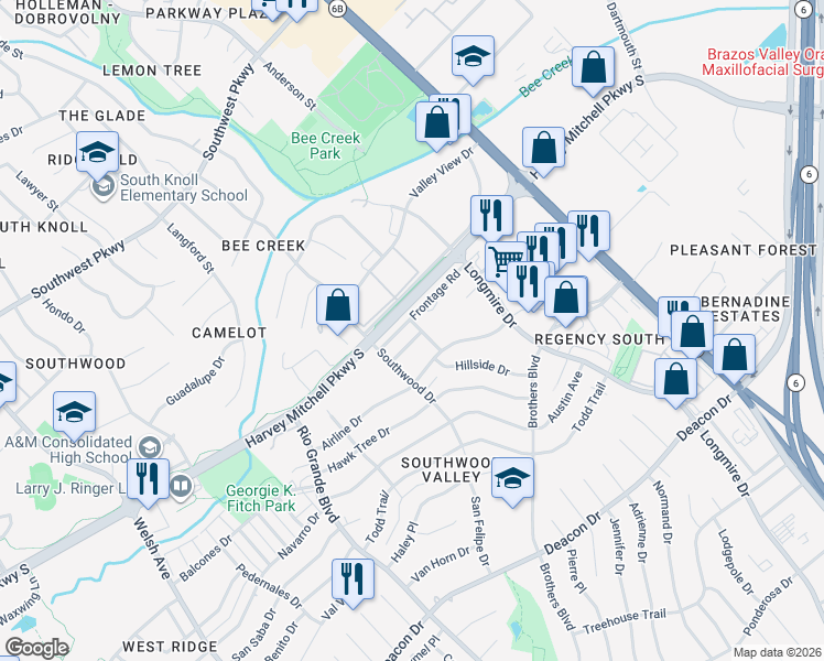map of restaurants, bars, coffee shops, grocery stores, and more near 1405 Summit Street in College Station