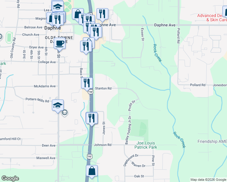 map of restaurants, bars, coffee shops, grocery stores, and more near 1040 Stanton Road in Daphne