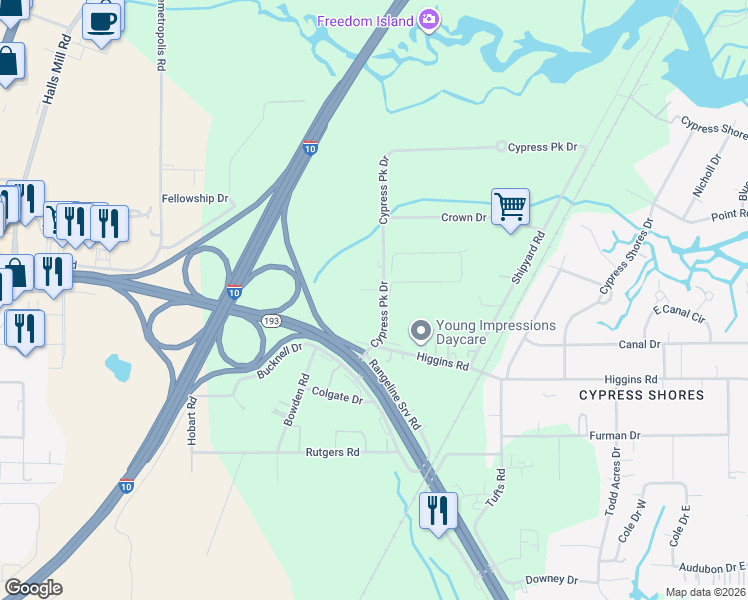 map of restaurants, bars, coffee shops, grocery stores, and more near 4591 Cypress Business Park Drive in Mobile