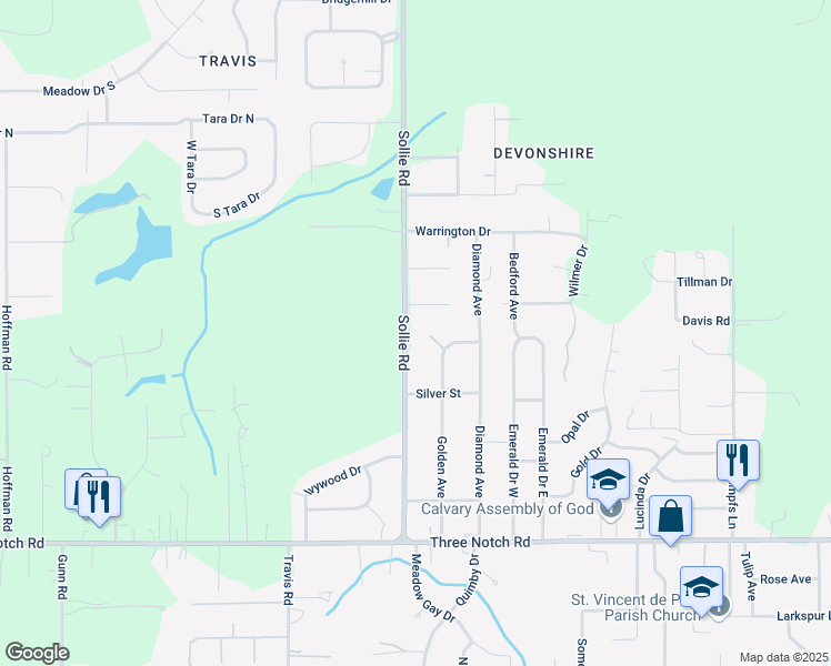 map of restaurants, bars, coffee shops, grocery stores, and more near 4565 Sollie Road in Mobile