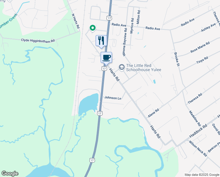 map of restaurants, bars, coffee shops, grocery stores, and more near 85245 Harts Road in Yulee