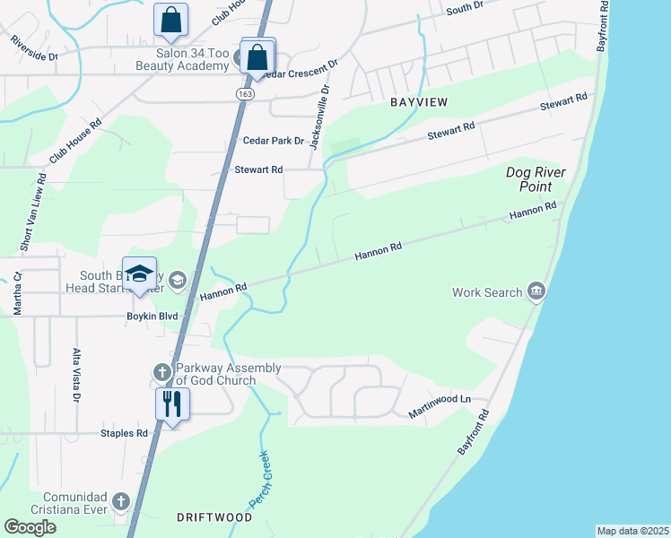 map of restaurants, bars, coffee shops, grocery stores, and more near 1325 Hannon Road in Mobile
