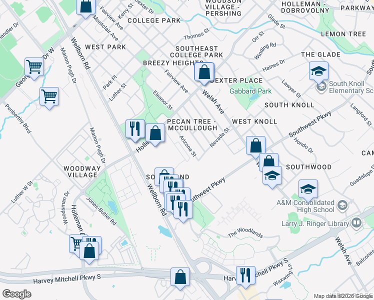 map of restaurants, bars, coffee shops, grocery stores, and more near 1214 Arizona Street in College Station