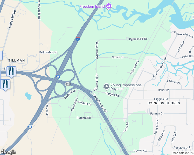 map of restaurants, bars, coffee shops, grocery stores, and more near 4591 Cypress Business Park Drive in Mobile