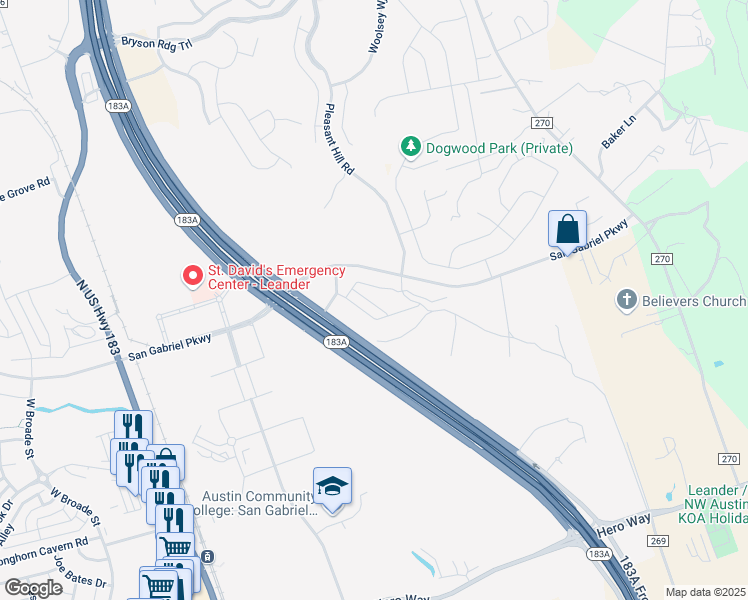 map of restaurants, bars, coffee shops, grocery stores, and more near San Gabriel Parkway in Leander